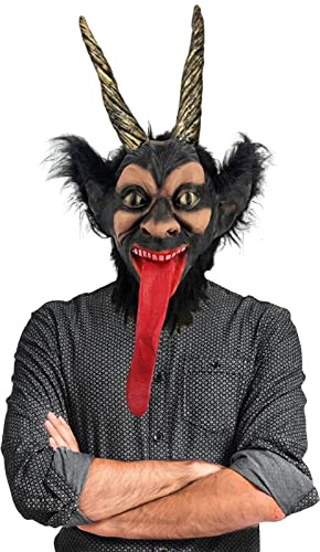 Krampus mit langer Zunge Dämon Deluxe Latex Voll-Maske mit Hörnern und Haaren Weihnachten Horror