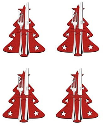 TOBILE Décorations de Noël - Lot de 4 porte-couteaux et fourchettes - Pour sapin de Noël - Sac à couverts en tissu non tissé - Décoration de table - Sapin de Noël rouge
