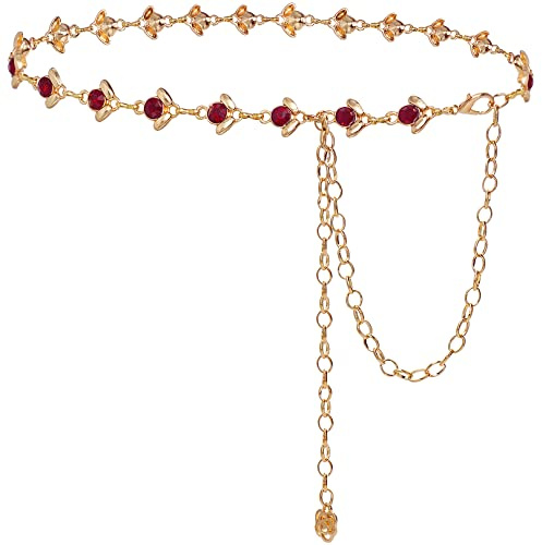 Glamorstar Chain Belt for Women Rhinestone Crystal Waist Belts for Dress Gift Gold Wine Red 105CM/41.3IN