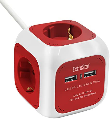 EXTRASTAR 6 en 1 Cubo Regleta Enchufe con USB de 4 Enchufes + 2 Puertos USB 5V, 1.5M, MAX 3680W, 16A, Rojo, para Hogar Oficina