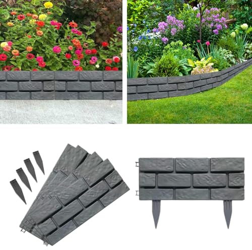 ADEPTNA Premium 8 PACK Brick Effect Panel Plastic Interlocking Garden Edging Skirting Border Picket Fence Barrier Lawn Garden Fencing for Decorative Flowerbed Pathways Tree Pond (GREY)