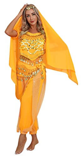 iiniim Bauchtanz Kostüm Damen Orientalische Indische Bauchtänzerin Verkleidung Halloween Fasching Karneval Party Tanzkleidung Gelb Einheitsgröße