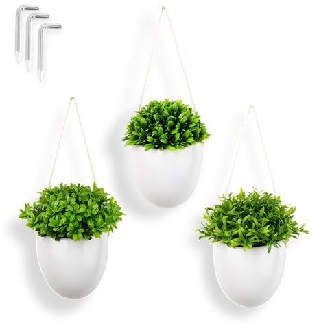 PASCH® 3er Set Kunstpflanzen in Wandvasen aus weißer Keramik | Kleine Hängepflanze künstlich (18cm) inkl. Nägeln zum Aufhängen | Wandvase mit Kunstpflanze hängend | künstliche Hängepflanzen