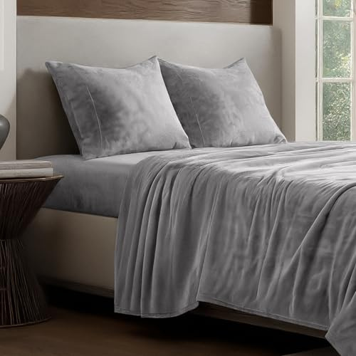 Bare Home Microplush Fleece Sheet Set - King Size - Ultra Soft Velvet - Cozy & Warm - Plush All-Season Comfort - Wrinkle Resistant - Deep Pocket Fit - Non-Pilling Sheets (King, Light Grey)