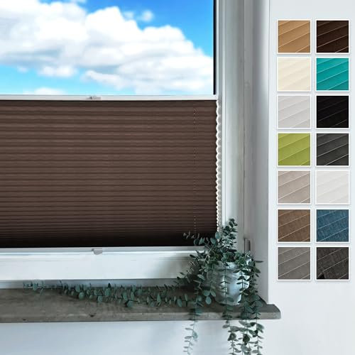 Rollmayer Plissee mit Bohren, Plisseerollo Faltrollo Sichtschutz und Sonnenschutz für Fenster und Tür Premiumqualität Falte für Zuhause, 3 Kollektionen(Binco Braun,B110cm x H100cm)