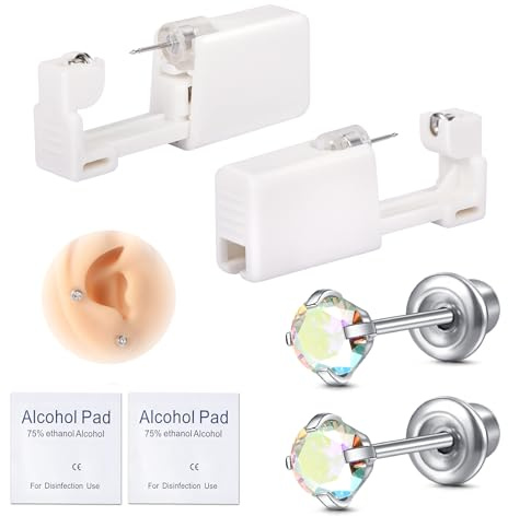 AVYRING Öronpiercingpistol-kit, självengångsöronpiercingkit 316L kirurgiskt rostfritt stål med färgade CZ blandade former, hemma självöra piercer-kit verktyg med 4 mm CZ stift, 4mm, Rostfritt stål