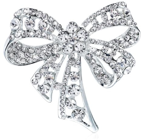 FAIRYGATE Rhinestone Brooch Vintage Style Winter Wedding Holiday Crystal Bridal Fashion Large Statement Bow Brooches Pins for Women Silver, B3118