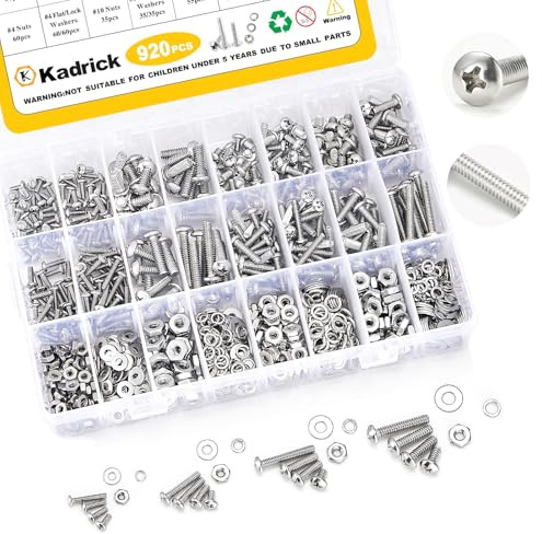 Kadrick 304 Stainless Steel Screws,920Pcs Machine Screw Assortment,#4-40#6-32#8-32#10-24 Assorted Phillips Pan Head SAE Screws Nuts & Washers Set,Bolts and Nuts Kit