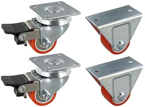 Rollentechnik Satz 4x Mini Schwerlast Rollen | 2x Rollentechnik Lenkrolle mit Bremse 2x Rollentechnik Bockrollen Polyurethan Höhe 54 mm Tragfähgkeit 270 kg/Satz