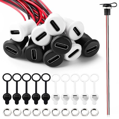 KUOQIY 10 Pezzi USB-C Tipo C Femmina per Montaggio a Pannello Connettore, 3A 2 Pin Tipo C Femmina, Connettore USB Tipo C a Saldare con 150mm 24 AWG Cavo, con Coperture Antipolvere e Dadi, Nero+Bianco