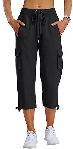 MoFiz byxor dam sommar cargobyxor 3/4 långa capribyxor utomhus vandringsbyxor andningsbara fritidsbyxor med dragkedja, svart, 3XL