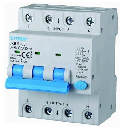 ETTROIT INTERRUTTORE MAGNETOTERMICO DIFFERENZIALE SALVAVITA PER BARRA DIN 4 MODULI 3P+N 380V 30mA 6KA (20A)