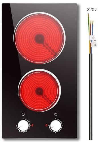 2 Ring Ceramic Hob, Nefaracy 30cm Electric Hob with Knob Control, Built-in 3000W Electric Ceramic Hob, Hot Warning, 9 Power Level, 220-240V Hard Wire