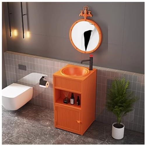 ZTGL Badmöbel Mit Wasserhahn Waschtisch Badezimmerschrank Standwaschbecken Saule Waschbecken Kreativität Industrial Style Waschbecken Iron Art Waschplatz Badezimmer Toilette,Orange,with Mirror
