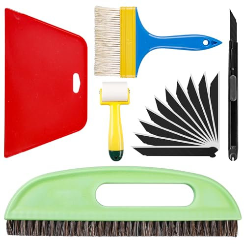 6-Teilig Tapezierwerkzeug, Tapezierset inklusive Tapezierbürste, Tapezieren, Rollen, Schneidwerkzeug, Tapetenglättungs Werkzeug, Tapeten Set für Klebekontakt, Malerbedarf
