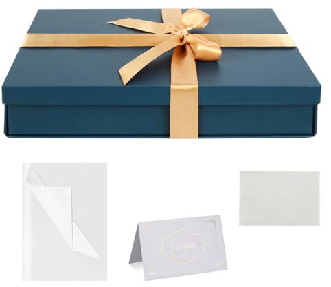 Scatola Regalo Blu con Coperchi 31 x 22 x 6 cm Grande Scatola Regalo con Nastro Carta Velina Biglietti Auguri per Natale Compleanno Matrimonio
