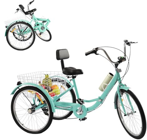 Fridgestea 24 Zoll Dreirad für Erwachsene, 3 Räder 7-Gänge Fahrrad Klappbar, Trike Faltbar mit Halterung für Wasserflasche, Erwachsenendreirad mit Vorderlicht, Korb, Doppelbremsen (Lindgrün)