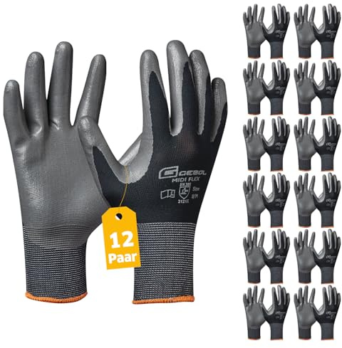 Gebol Midi Flex, 12 Paar Arbeitshandschuhe Herren, Nitril-beschichtete Montagehandschuhe für Nass- & Ölarbeiten, rutschfeste Handschuhe für Werkstatt & Garten, Gr. M (Gr.8), Schwarz | Für Werkstatt, Bau & Industrie, sicherer Halt bei jedem Griff, feines Tastgefühl, angenehme Passform, elastischer Bund