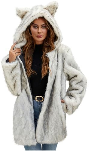 Komiseup Fleecejacke Damen, Winterjacke Damen Lange Winter Pelzmantel Elegant Kunstpelz Jacke Offener Front Wintermantel Dick Plüschjacke mit Kapuze Warme Kunstfell Oberbekleidung Faux Pelz Coat 57