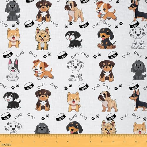 Loussiesd Hund Stoff 92x150cm Cartoon Hund Stoff Meterware Welpe Hund Patchwork Stoffe Niedliche Tier Druck Stoffpaket Kawaii Knochen für Patchwork Handgemachten Quilten Wasserdichter Polsterstoff