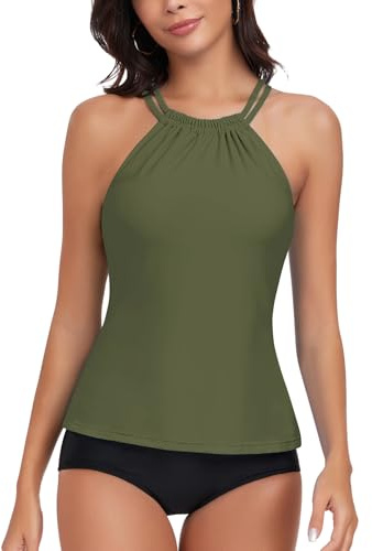 WOWENY Damen Tankini Oberteil Bikini Tank Top Bademode Crossback Strappy Swim Top Oberteil Schnell Trocknend Sommer Padded Swimsuit Shirt,M,Olivgrün