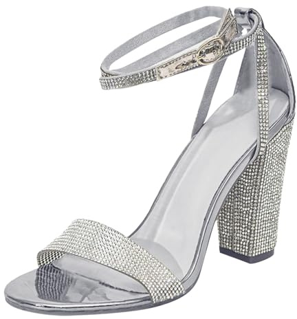 Zapatos de tacón alto zapatillas para mujer rhinestone brida tobillo hebilla talón cuadrado punta abierta sandalias de tacón alto para banquete zapatos zapatos, plata, 35 EU
