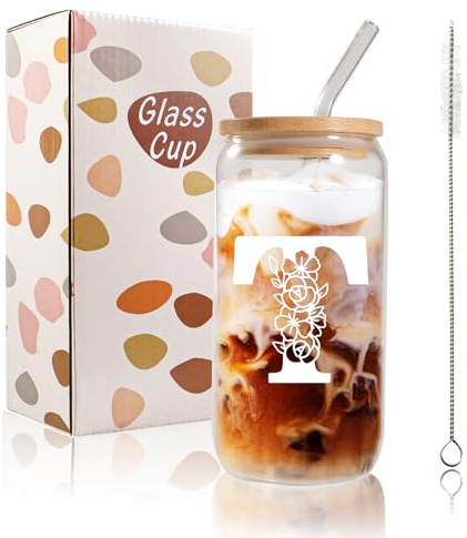 Bliceon A-Z Initial Personalised Birthday Gifts for Women, 500ml Iced Coffee Glass Cups for Mum, Friends and Sisters, Men, Dad, Iced Coffee Cup Gift with Lids and Straws (T)