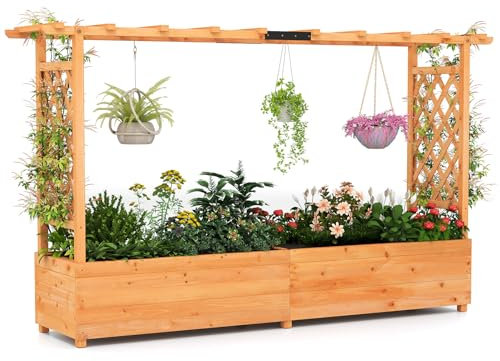 SOARS Hochbeet mit Rankgitter, 200 x 44 x 114 cm, Blumenkasten mit Spalier & Dach, Pflanzkasten mit Rankhilfe, Hochbeete für Garten Balkon, Holz, für Blumen, Kletterpflanzen & hängende Körbe, Orange