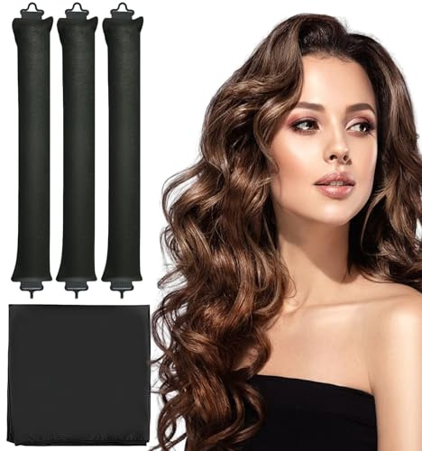 3 Stück Heatless Curls mit Kopftuch Lockenwickler über Nacht Ohne Hitze Overnight Curls Blowout Hair Lockenband Haare Locken,Lockenwickler Diy Heatless Curls für Alle Haartypen (Schwarz)