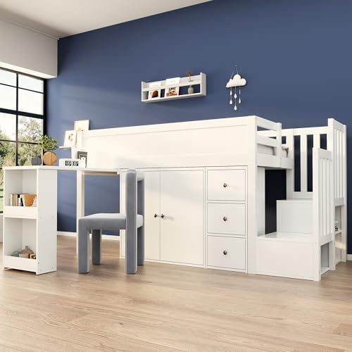 Letto per Bambini 90x200, Letto a Castello con Armadio e Scrivania Estraibile, Cassetti, Scala e Armadio della Scala,Struttura con contenitore in Legno con Spazio di Stoccaggio,Senza Materasso,Bianco