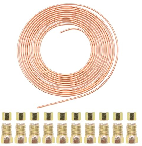 Hoypeyfiy 10m Kupfer-Bremsleitung, Durchmesser 3/16 Zoll (4,75 mm) mit 20 Muttern, einbaufertige Kupfer-Bremsleitung Allgemeines Bremsen-Set für Autos