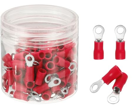sourcing map 100 terminali ad anello isolati RVS2-3,5 capicorda per batteria, 16-14 AWG, terminali elettrici a crimpare, connettori per cavi industriali, elettrici, rosso