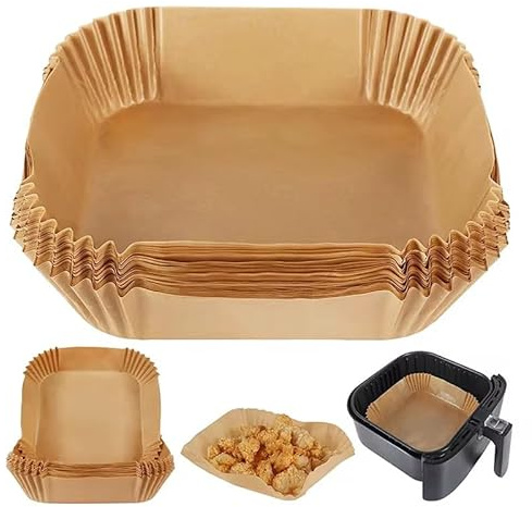 Papel Freidora de Aire 200 Hojas - Papel Air Fryer Cuadrado 20-24cm, Recipiente Air Fryer, Accesorios sin BPA, 36g Antiadherente, Compatible con Freidoras 5-8L (1)