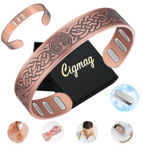 Cigmag Copper Magnetic Bracelet for Men, with Powerful Magnetic 9X 5000 Gauss Magnets, Adjustable Solid Pure Copper (Lotus Life Tree)