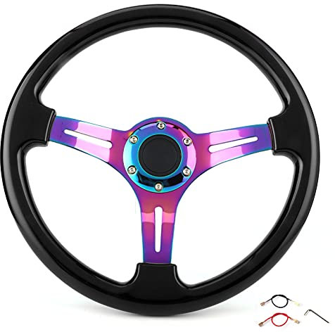 Volante corsa universale piatto profondo 6 bulloni 350 mm black sport ruota di sterzo con chiave a filo del corno per la maggior parte dei veicoli