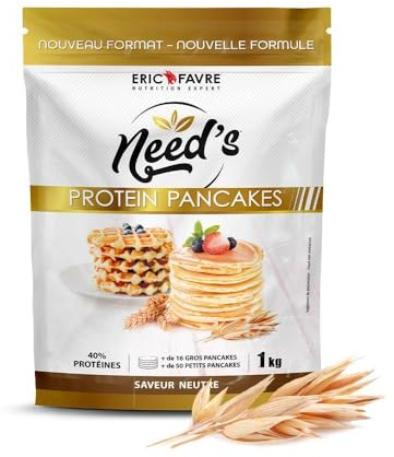 PROTEINE PANCAKE NEED's - Poudre Protéinée pour Pancakes, Crêpes, Gaufres - Pâte Pancake Protéine Riche en Fibres, Glucides, Faible en Sucre - 1kg - Saveur Neutre - Eric Favre
