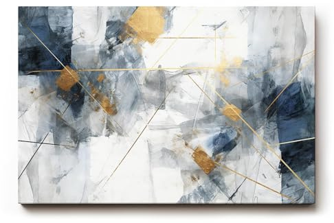 Sinus Art Wandbild 120x80cm Elegantes abstraktes Design in Blau, Grau und Weiß mit goldenen Linien für moderne Raumgestaltung