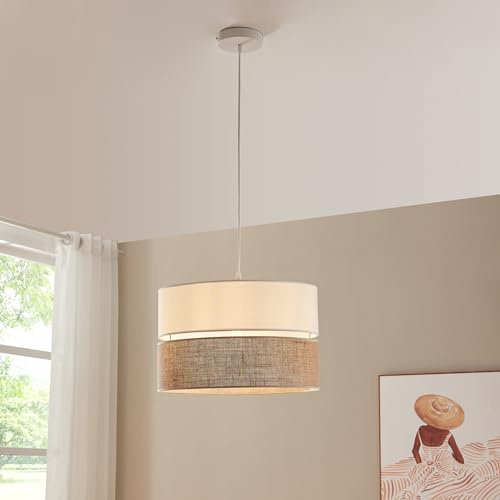 lux.pro Lampada a Sospensione con Doppio Paralume Cilindrico in Tessuto Ø40 cm E27 Lampada da Soffitto per Soggiorno Cucina Ingresso Camera - Bianco/Effetto Lino
