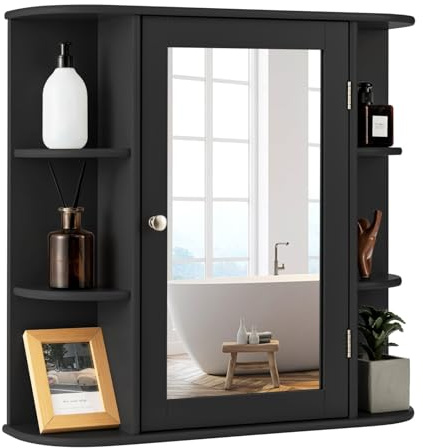 FANTASK Badezimmerschrank aus Holz mit 4 Fächer & 6 offene Ablagen, Badschrank hängend mit Spiegel, Badezimmer Hängeschrank, Spiegelschrank Bad, 66 x 17 x 63cm (Schwarz)