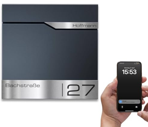 Metzler Boîte aux Lettres Anthracite avec Notification de courrier et Compartiment journaux – Murale avec Plaque Nominative en INOX personnalisée gravée au Laser – capteur de Mouvement intégré