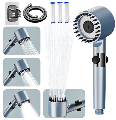 Pommeau de Douche Haute Pression, Pommeau Douche anti Calcaire avec Tuyau Douche 1.5M et Support, Douchette Filtrant avec Filtre, Douchette douche salle de bain avec 4 Modes de Jet, Bleu clair
