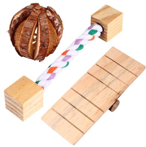 Hohopeti Pet Wooden Chew Toy Set 3pcs Bark Fruit Ball, Cotton Rope Wood Block, and Seesaw for Small Animals Hamster Chewing and Gnawing Playthings