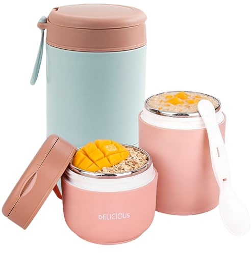 PRITOK Contenitore termico a doppio strato per alimenti: 2 unità, isolamento sottovuoto, contenitore termico per pranzo da asporto (rosa e verde, 430 ml, 430 + 300 ml)