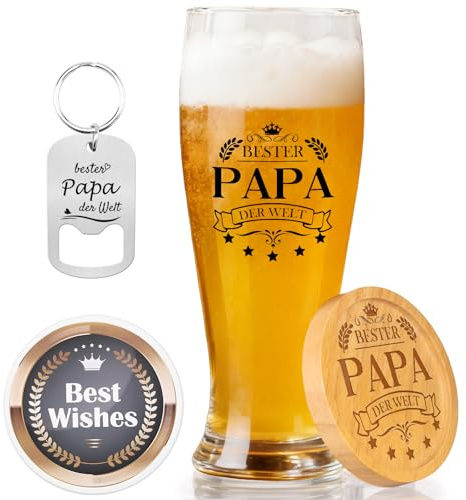 Blumuze Papa Geschenke Geburtstag,Personalisiert Bierglas mit Untersetzer Geschenke für Papa zu Vatertagsgeschenk Geburtstagsgeschenk,Geschenk Vatertag zu Weihnachten 15OZ