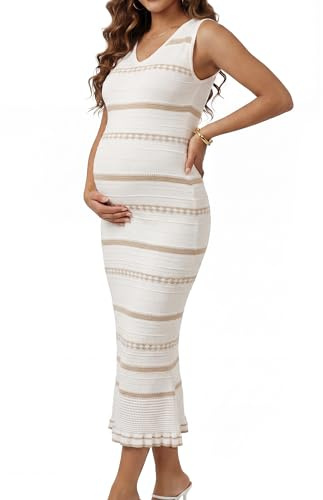 OUGES Maternity Sleeveless Sweater Striped Dresses for Baby Shower Photoshoot Summer Spring V-Neck Viscose Holiday Vacation Dress Pregnancy Must Haves Outfits Clothes(Off-White Khaki Stripes,M)