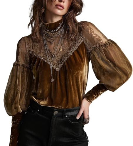 Top da donna avvolgente con collo a lupetto retrò in velluto dorato pizzo patchwork manica a palloncino camicetta elegante svasata swing top girocollo, Marrone, XL