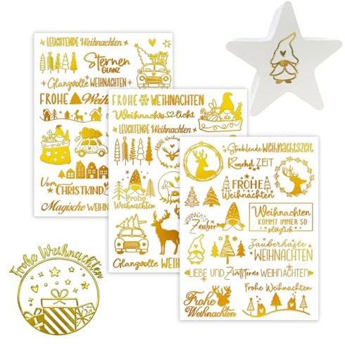 3 Bögen Metallic Rub-On-Sticker Weihnachten in Gold für DIY Basteln | Metallic Transfermotive für Karten, Geschenke, Glas, Holz und glatte Oberflächen, ideal zum Basteln und Dekorieren im Advent
