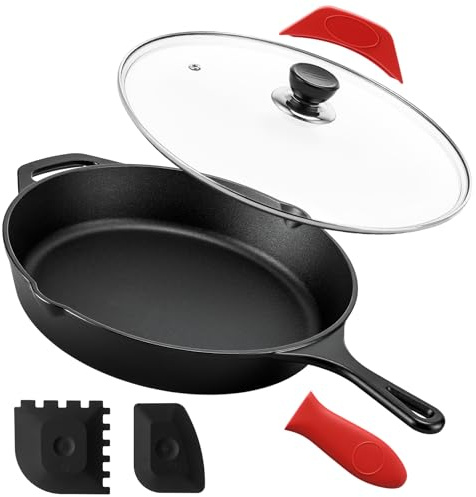 Vesici 6 Pcs Cast Iron Skillet with Lid 12 Inch Nonstick Frying Pans Skillet with Silicone Handle Covers and Scraper Omelette Pan Cookware with Drip-spouts for Kitchen Party Oven Stovetop Catering