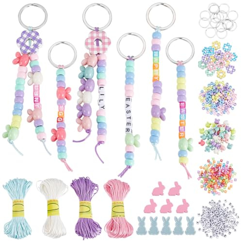 PLIGREAT Kit di 758 portachiavi pasquali, per realizzare portachiavi con lettere regolabili, gioielli, portachiavi, perline floreali a forma di coniglietto, perline quadrate in acrilico, per feste di