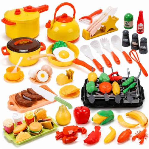 CUTE STONE Toy Kitchen Accessories, Cookware Toys with Pretend BBQ Grill & Play Food Set, Kids Kitchen Toys with Play Pots & Pans, Pretend Play Kitchen Learning Gift for Girls Boys